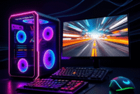 A glowing RGB PC tower, high-refresh monitor showing vibrant gameplay, mechanical keyboard and mouse with customizable lights, set against a dark d...