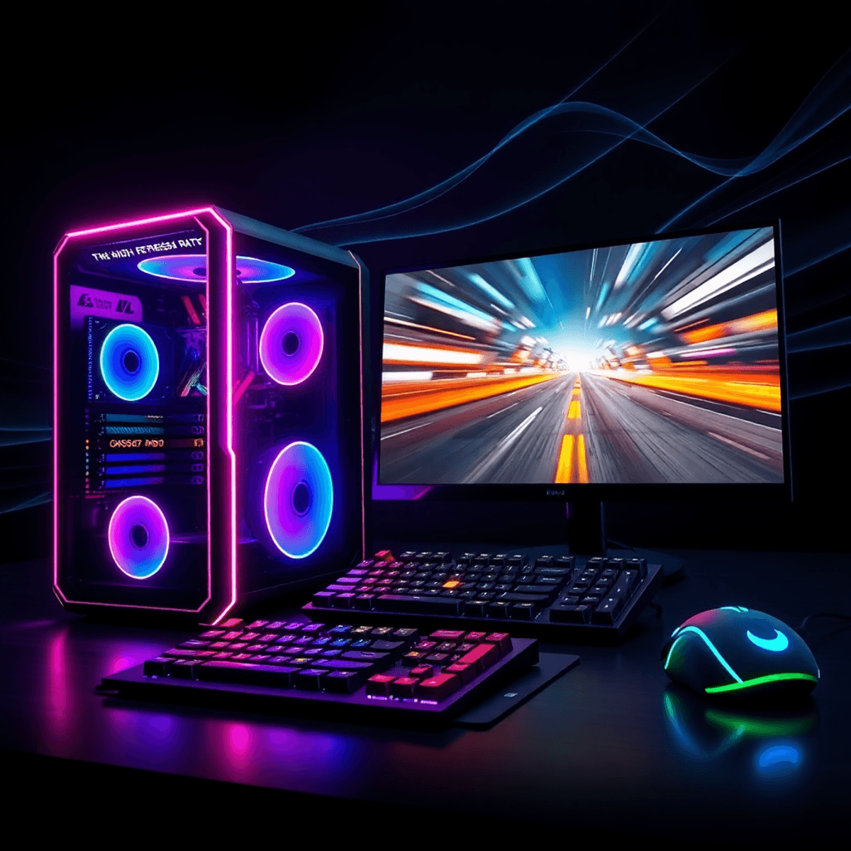 A glowing RGB PC tower, high-refresh monitor showing vibrant gameplay, mechanical keyboard and mouse with customizable lights, set against a dark d...