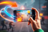 A mobile gamer holding a smartphone with glowing abstract shapes and arrows around it, set against a digital battlefield background with smooth flo... A mobile gamer holding a smartphone with glowing abstract shapes and arrows around it, set against a digital battlefield background with smooth flo...