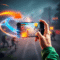 A mobile gamer holding a smartphone with glowing abstract shapes and arrows around it, set against a digital battlefield background with smooth flo...