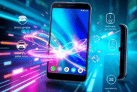 A sleek Android smartphone with glowing lines and digital particles, surrounded by gaming icons, set against a futuristic blue and green tech backg... A sleek Android smartphone with glowing lines and digital particles, surrounded by gaming icons, set against a futuristic blue and green tech backg...