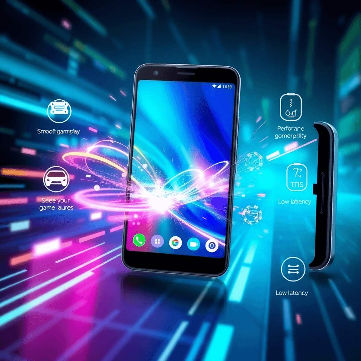 A sleek Android smartphone with glowing lines and digital particles, surrounded by gaming icons, set against a futuristic blue and green tech backg...