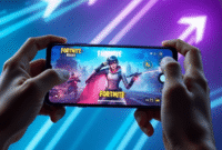 A sleek smartphone showing vibrant battle royale game graphics held by a gamer, with glowing arrows and flowing lines in the background symbolizing...