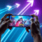 A sleek smartphone showing vibrant battle royale game graphics held by a gamer, with glowing arrows and flowing lines in the background symbolizing...