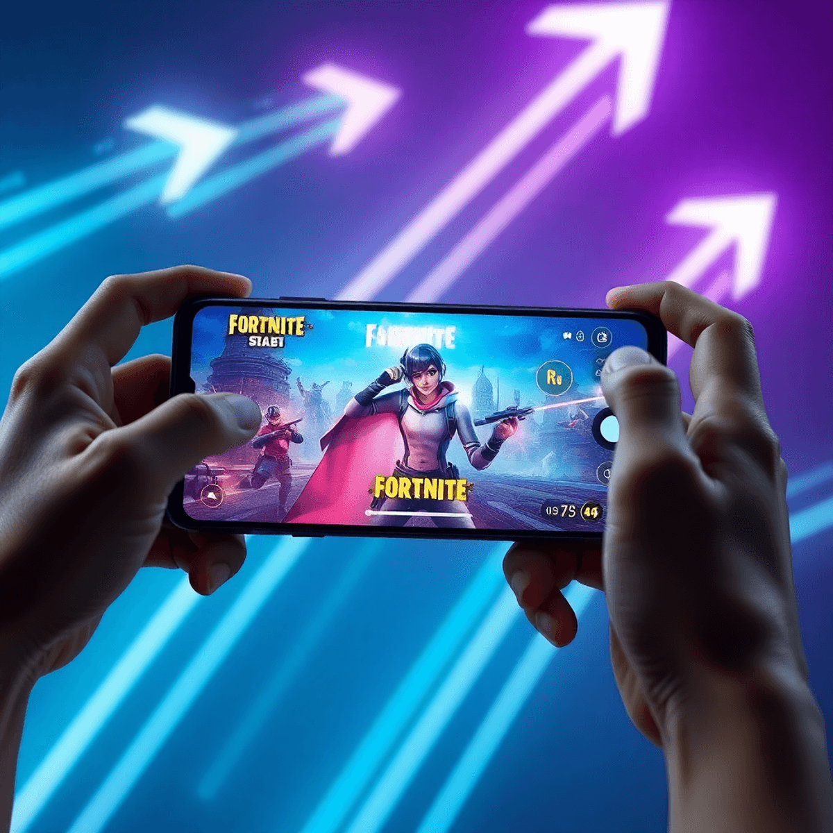 A sleek smartphone showing vibrant battle royale game graphics held by a gamer, with glowing arrows and flowing lines in the background symbolizing...