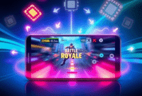 An Android smartphone showing a battle royale game with glowing arrows, digital waves, and hardware icons on a sleek blue-green tech background. An Android smartphone showing a battle royale game with glowing arrows, digital waves, and hardware icons on a sleek blue-green tech background.