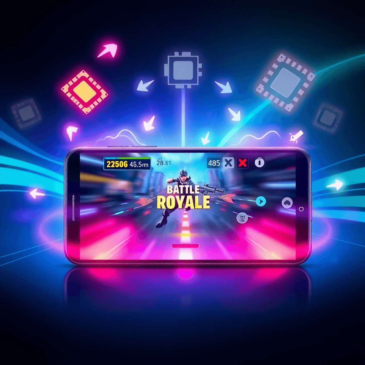 An Android smartphone showing a battle royale game with glowing arrows, digital waves, and hardware icons on a sleek blue-green tech background.