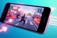 Close-up of a sleek smartphone showing a vibrant battle royale game with glowing speed and performance icons on a cool blue-green background. Close-up of a sleek smartphone showing a vibrant battle royale game with glowing speed and performance icons on a cool blue-green background.