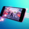 Close-up of a sleek smartphone showing a vibrant battle royale game with glowing speed and performance icons on a cool blue-green background.