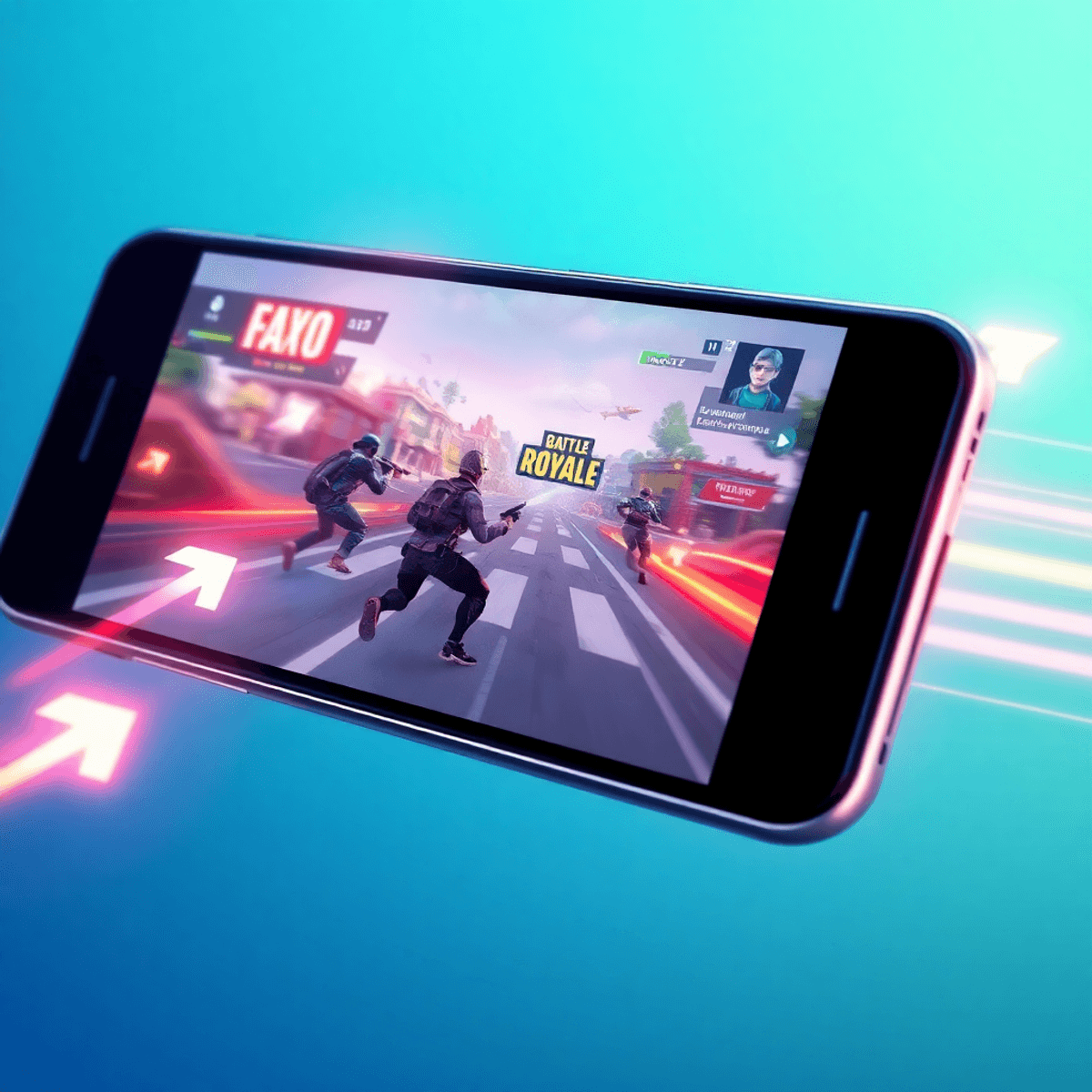 Close-up of a sleek smartphone showing a vibrant battle royale game with glowing speed and performance icons on a cool blue-green background.