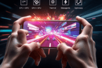 Close-up of a smartphone in hands showing vibrant abstract graphics with glowing digital elements against a dark background, conveying speed and sm... Close-up of a smartphone in hands showing vibrant abstract graphics with glowing digital elements against a dark background, conveying speed and sm...