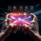 Close-up of a smartphone in hands showing vibrant abstract graphics with glowing digital elements against a dark background, conveying speed and sm...