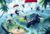 Digital illustration of a battle royale on a tropical island with players parachuting, futuristic weapons, vehicles, lush greenery, and a dramatic ... Digital illustration of a battle royale on a tropical island with players parachuting, futuristic weapons, vehicles, lush greenery, and a dramatic ...
