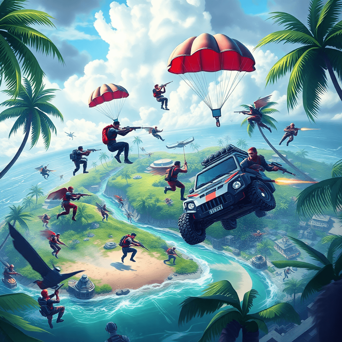 Digital illustration of a battle royale on a tropical island with players parachuting, futuristic weapons, vehicles, lush greenery, and a dramatic ...