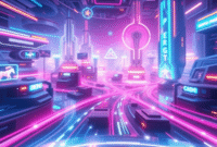 Futuristic battle royale scene with vibrant colors, glowing connected nodes, and flowing lines symbolizing smooth, high-performance gaming in a sle...