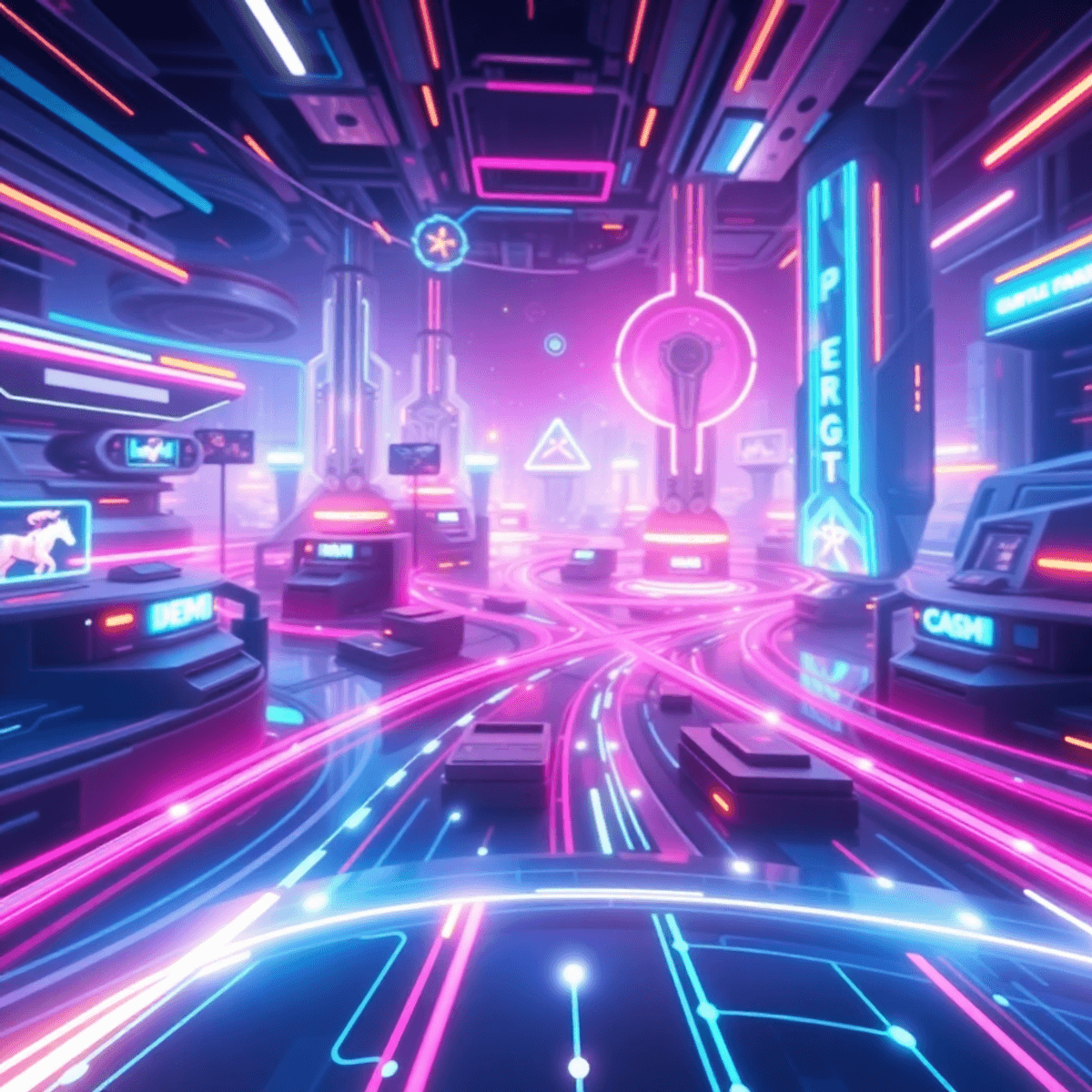 Futuristic battle royale scene with vibrant colors, glowing connected nodes, and flowing lines symbolizing smooth, high-performance gaming in a sle...