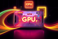 Futuristic gaming setup with glowing CPU/GPU symbols, flowing lines, and a smartphone showing a battle royale game on a dark tech-inspired background. Futuristic gaming setup with glowing CPU/GPU symbols, flowing lines, and a smartphone showing a battle royale game on a dark tech-inspired background.