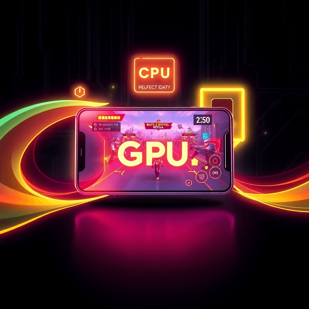 Futuristic gaming setup with glowing CPU/GPU symbols, flowing lines, and a smartphone showing a battle royale game on a dark tech-inspired background.