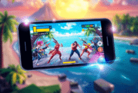 Mobile phone showing vibrant battle royale game on tropical island, with glowing effects highlighting smooth, fast-paced gameplay.