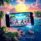 Mobile phone showing vibrant battle royale game on tropical island, with glowing effects highlighting smooth, fast-paced gameplay.