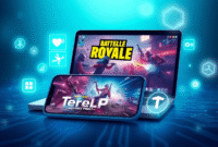 Smartphone and laptop showing vibrant battle royale game, surrounded by glowing icons of speed and connectivity, set against a blue-green digital c... Smartphone and laptop showing vibrant battle royale game, surrounded by glowing icons of speed and connectivity, set against a blue-green digital c...