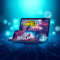 Smartphone and laptop showing vibrant battle royale game, surrounded by glowing icons of speed and connectivity, set against a blue-green digital c...