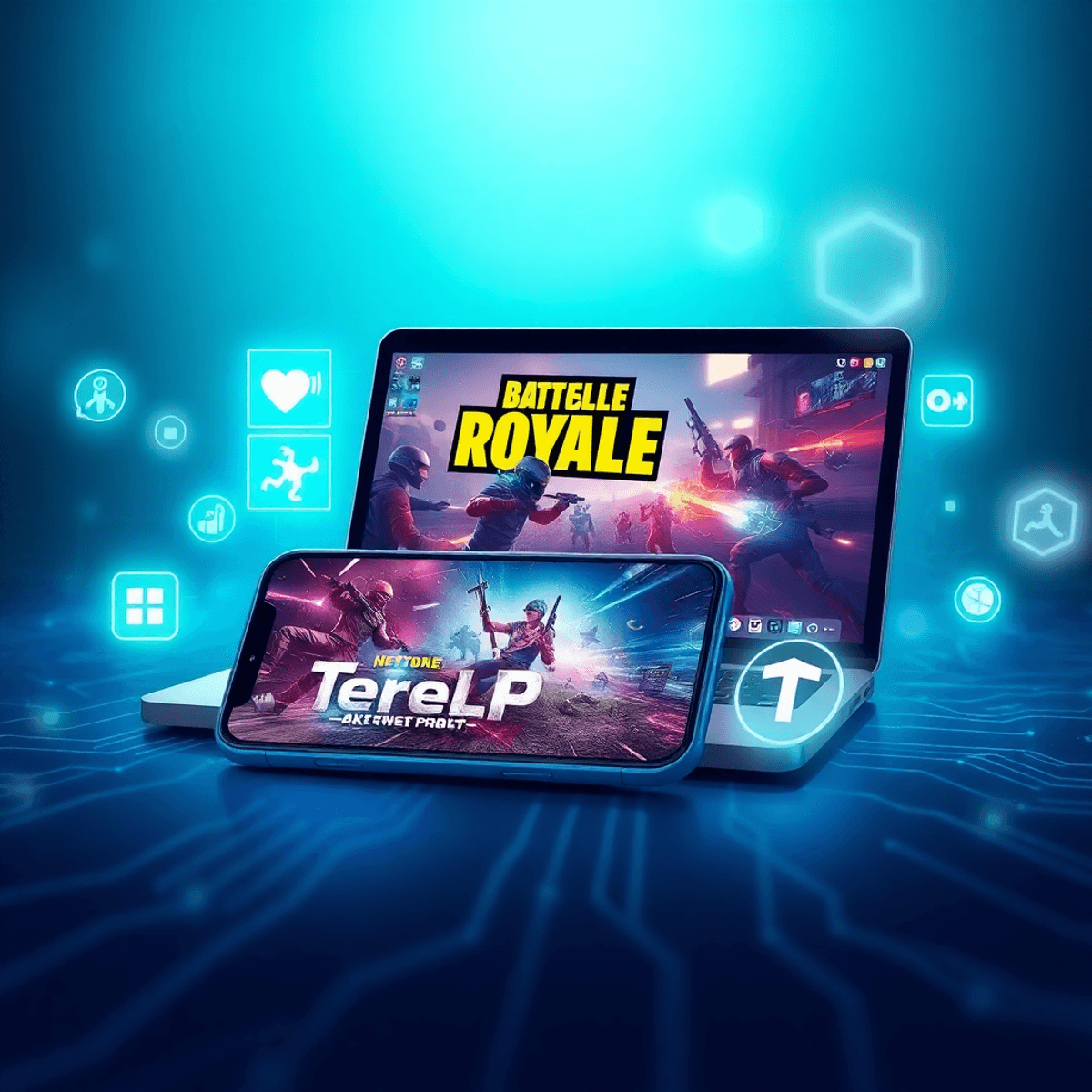 Smartphone and laptop showing vibrant battle royale game, surrounded by glowing icons of speed and connectivity, set against a blue-green digital c...