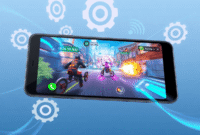 Smartphone displaying vibrant battle game visuals, surrounded by glowing gears, flowing lines, and cool blue tones symbolizing tech optimization an...