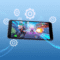 Smartphone displaying vibrant battle game visuals, surrounded by glowing gears, flowing lines, and cool blue tones symbolizing tech optimization an...