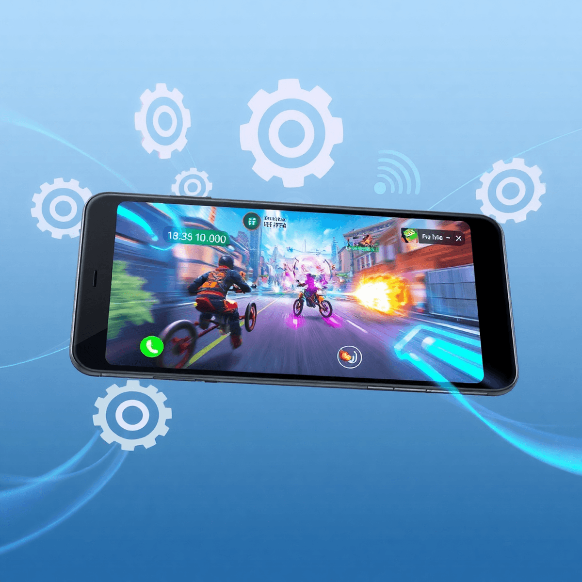 Smartphone displaying vibrant battle game visuals, surrounded by glowing gears, flowing lines, and cool blue tones symbolizing tech optimization an...