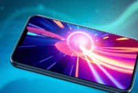 Smartphone showing a sleek digital game with glowing shapes and blue-green tech patterns, highlighting speed and optimized gaming on low-end devices. Smartphone showing a sleek digital game with glowing shapes and blue-green tech patterns, highlighting speed and optimized gaming on low-end devices.