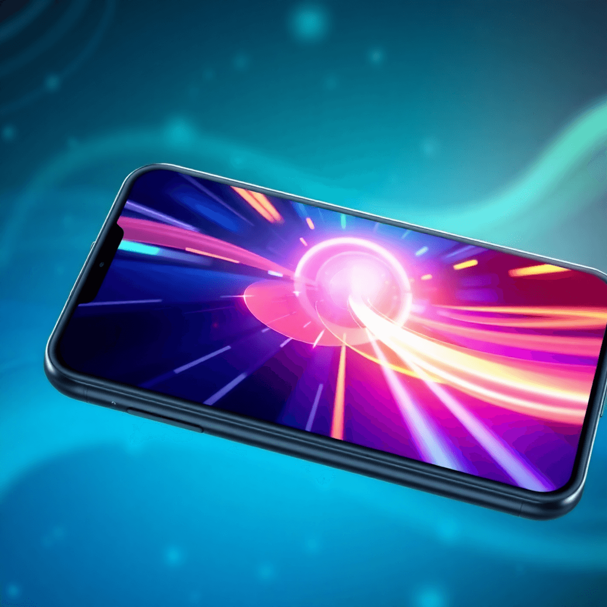 Smartphone showing a sleek digital game with glowing shapes and blue-green tech patterns, highlighting speed and optimized gaming on low-end devices.