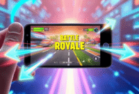 Smartphone showing a vibrant battle royale game with glowing speed symbols and a futuristic digital background highlighting high performance and sm... Smartphone showing a vibrant battle royale game with glowing speed symbols and a futuristic digital background highlighting high performance and sm...