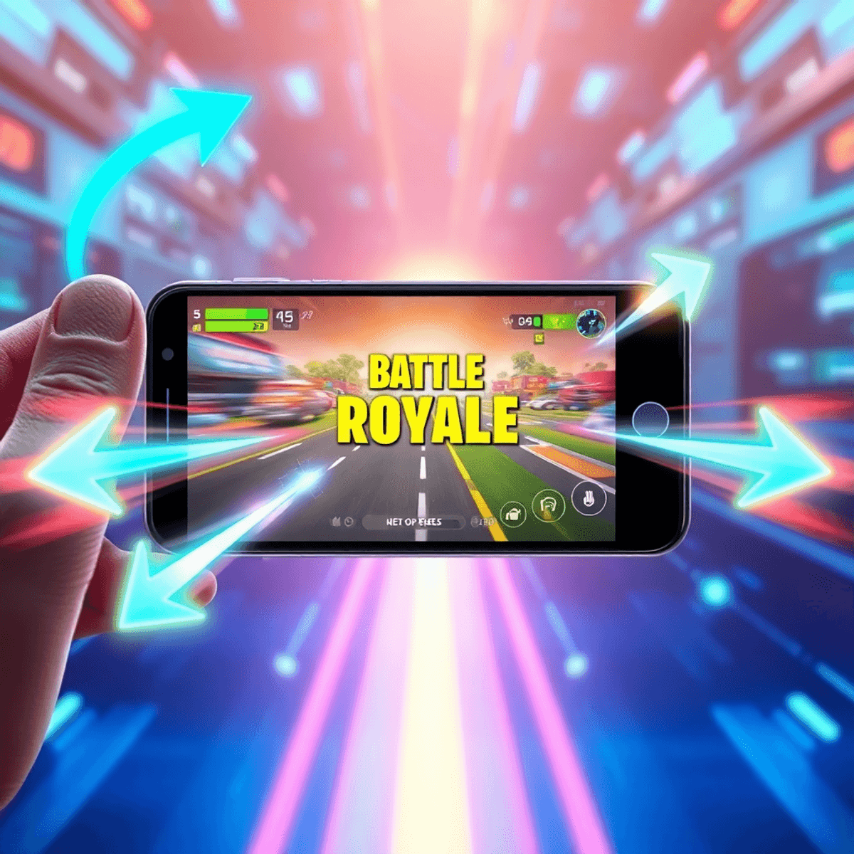 Smartphone showing a vibrant battle royale game with glowing speed symbols and a futuristic digital background highlighting high performance and sm...