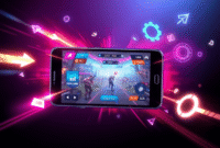 Smartphone showing an intense battle royale game with motion effects, glowing arrows, gears, and network waves on a sleek futuristic background. Smartphone showing an intense battle royale game with motion effects, glowing arrows, gears, and network waves on a sleek futuristic background.