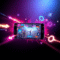 Smartphone showing an intense battle royale game with motion effects, glowing arrows, gears, and network waves on a sleek futuristic background.