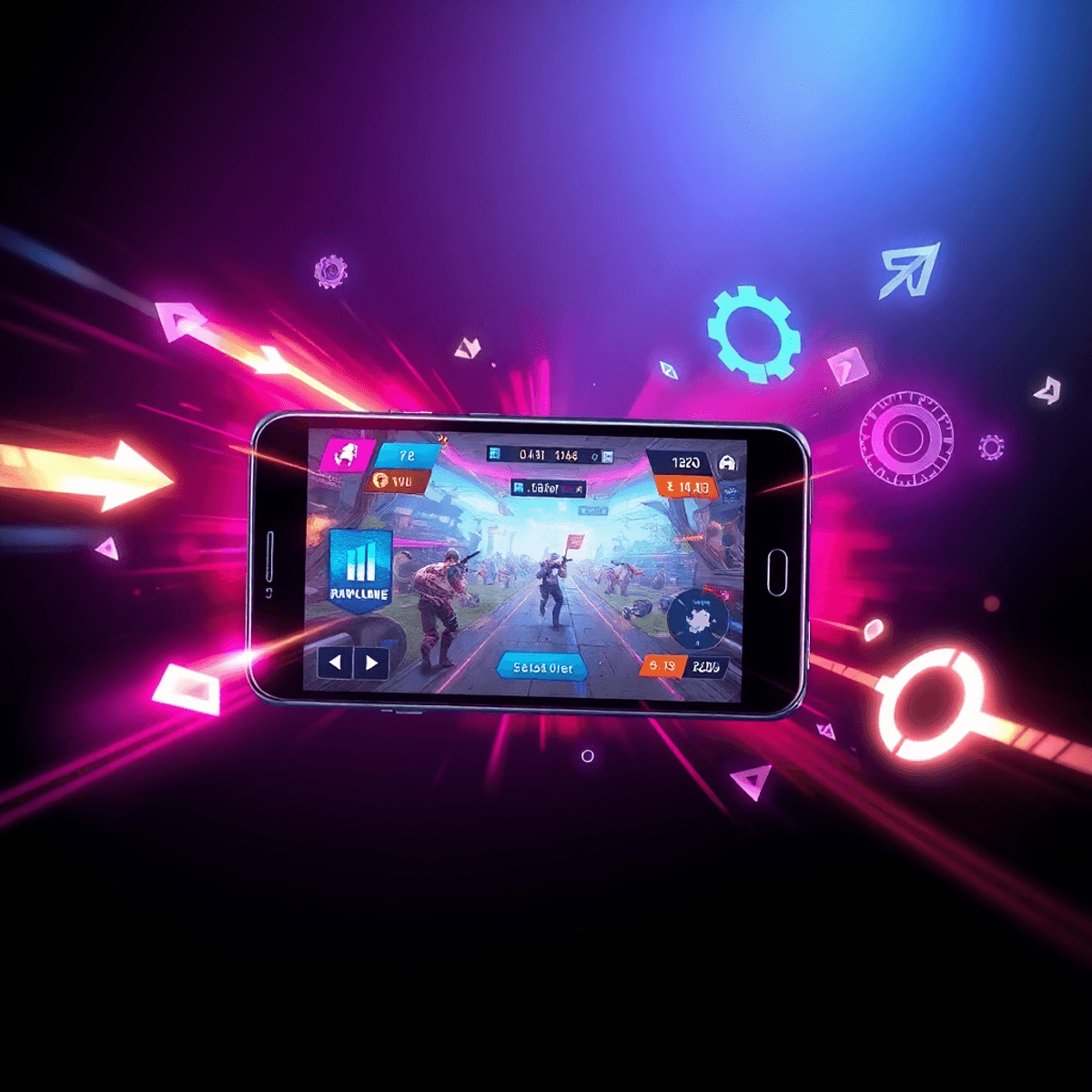 Smartphone showing an intense battle royale game with motion effects, glowing arrows, gears, and network waves on a sleek futuristic background.