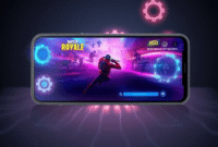 Smartphone showing vibrant battle royale game graphics with glowing icons of gears and speed lines on a dark background with digital circuit patterns.