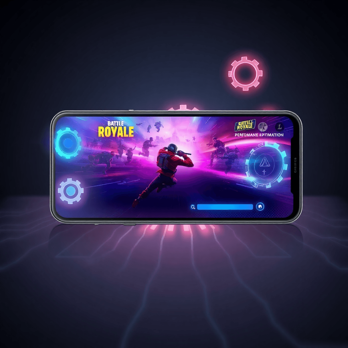 Smartphone showing vibrant battle royale game graphics with glowing icons of gears and speed lines on a dark background with digital circuit patterns.