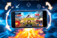 Smartphone showing vibrant battle royale game with glowing arrows and flowing lines against a blue and orange futuristic background. Smartphone showing vibrant battle royale game with glowing arrows and flowing lines against a blue and orange futuristic background.