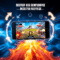 Smartphone showing vibrant battle royale game with glowing arrows and flowing lines against a blue and orange futuristic background.