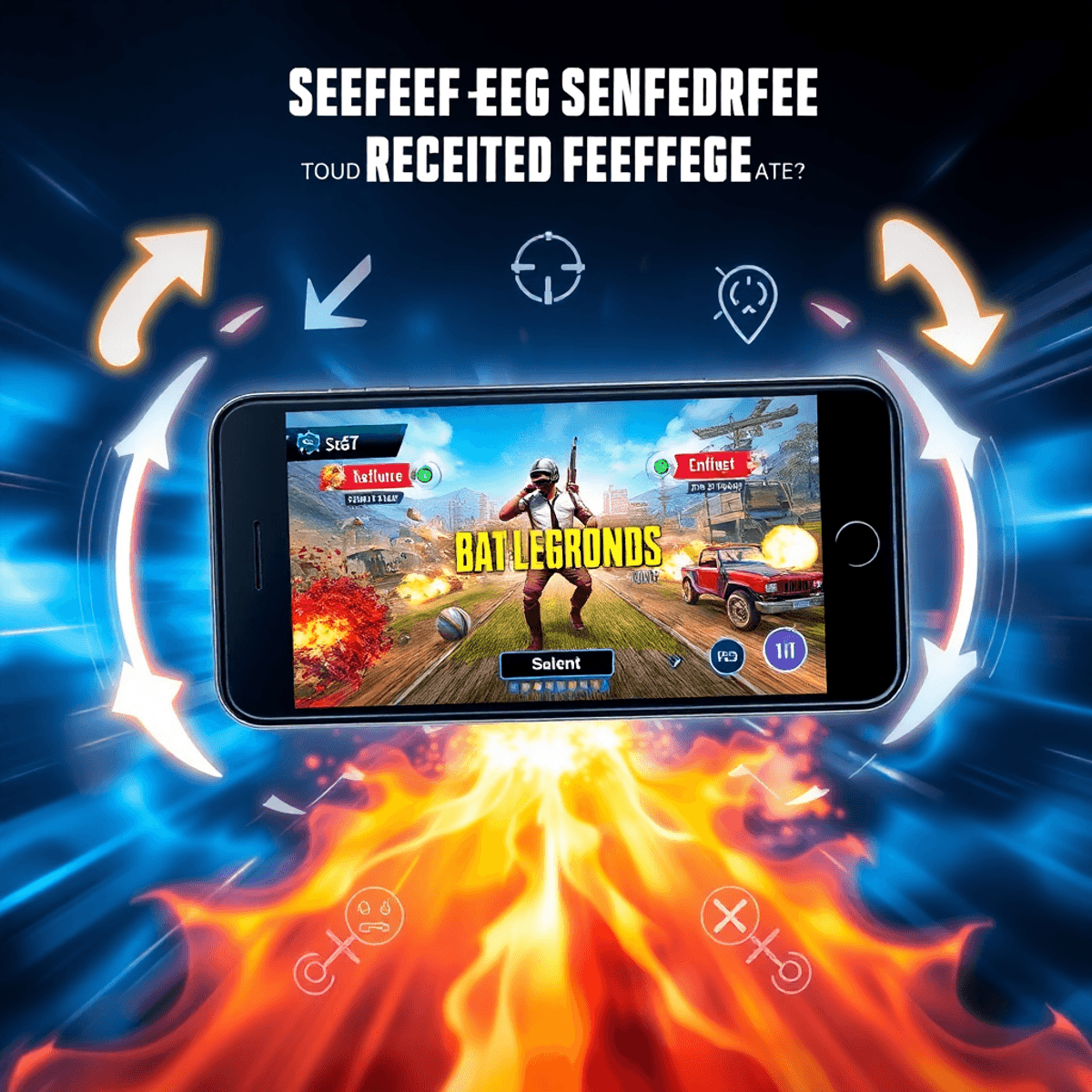 Smartphone showing vibrant battle royale game with glowing arrows and flowing lines against a blue and orange futuristic background.