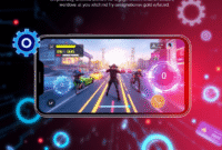 Smartphone showing vibrant battle royale game with glowing performance icons and futuristic digital background, highlighting smooth, lag-free gamep... Smartphone showing vibrant battle royale game with glowing performance icons and futuristic digital background, highlighting smooth, lag-free gamep...