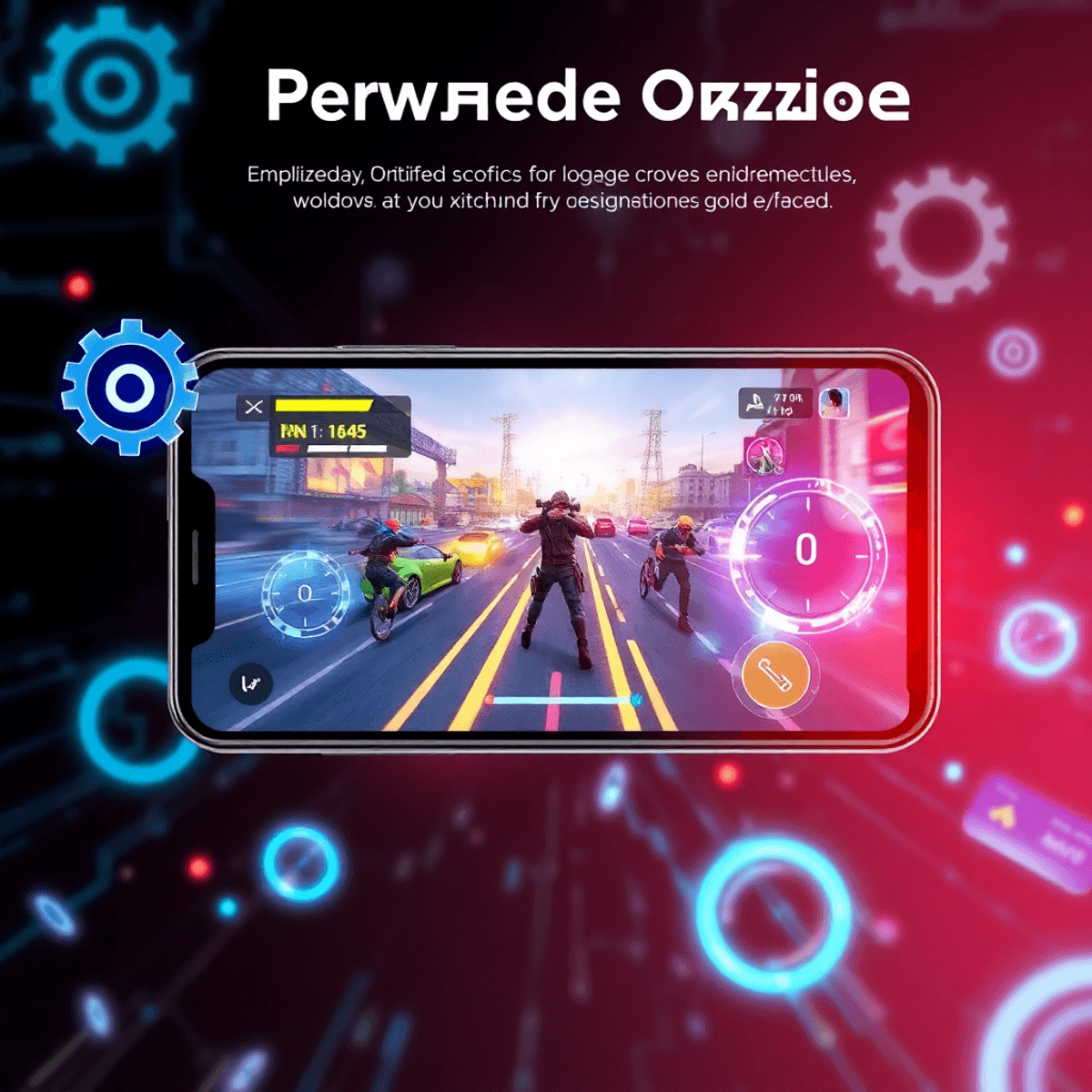 Smartphone showing vibrant battle royale game with glowing performance icons and futuristic digital background, highlighting smooth, lag-free gamep...